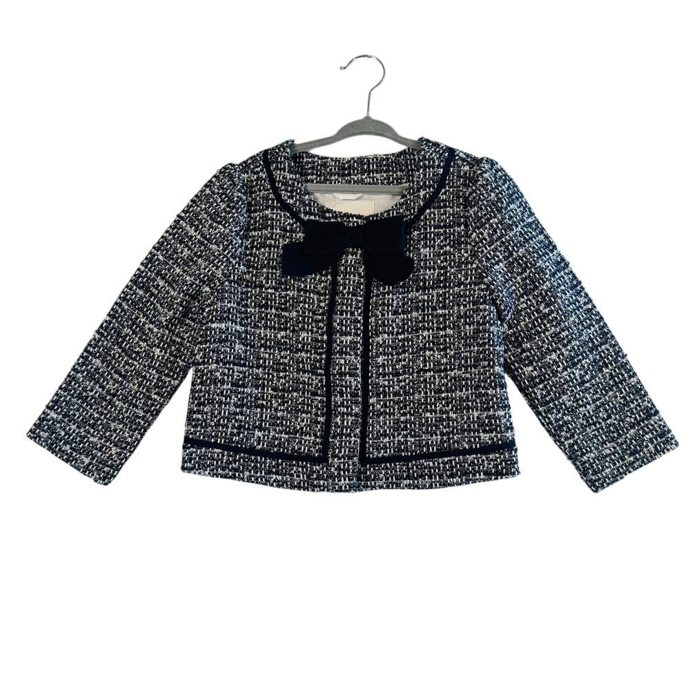 Janie Jack Girls Sz‎ 6 Tweed Jacket Navy White Bow Blazer Cardigan Preppy Chic